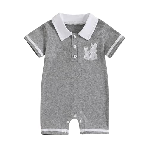 Socutebabe Baby Boy Easter Outfit Short Sleeve Button Down One Piece Jumpsuit Newborn Easter Romper Cute Summer Clothes (Gray, 0-3 Months)