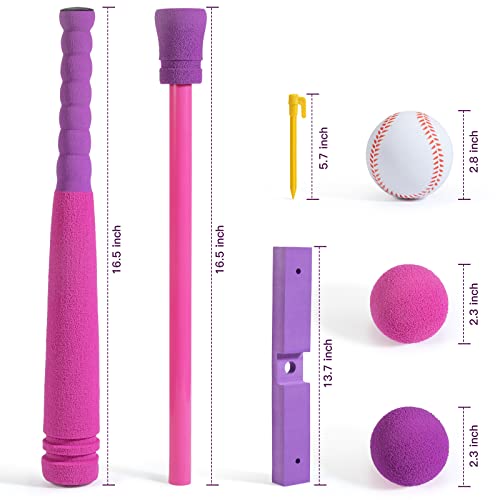 Celemoon 16 Inch Kids Soft Foam T Ball Baseball Set Toy, 8 Different Colored Balls, Carry Bag Included, Gfit For Kids Girls 3 Years Old, Pink #TOP1