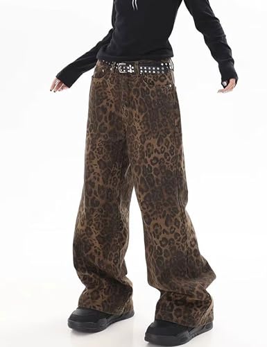 Womens Y2k Jeans Leopard Print Jeans Baggy Jeans Harajuku Streetwear Pants Straight Leg Grunge Pants3