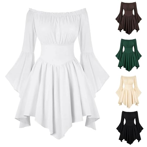 Genérico Disfraz de Pirata Mujer Blanco Vestido de Pirata Elegante Manga Larga sin Hombros Vestido Bohemio Color Sólido Volantes Vestidos Mujer Carnaval Disfraz