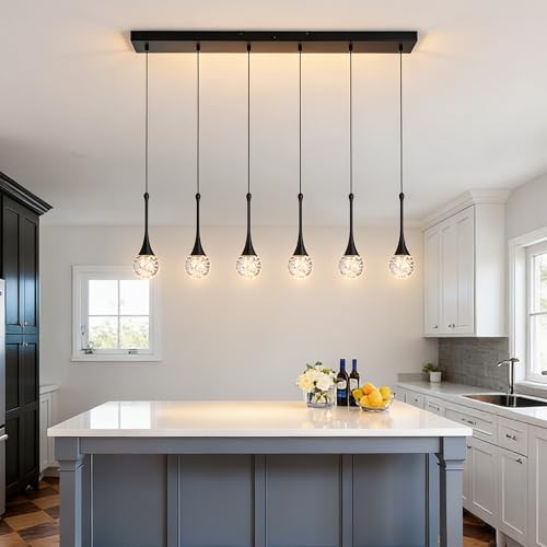 VINLUZ 6-Light Crystal Modern Chandelier, Dimmable LED Bubble Raindrop Rectangle Black Pendant Lighting Fixture, Luxury Elegant Adjustable Spiral Ceiling Light for Staircase Foyer Entryway by VINLUZ - Used condition - Image 8