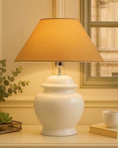Image of Homesake Ceramic Pot Shaped Base White Table Lamp for Living Room, Bedside, Bedroom & Study | Nightstand | Modern Decorative Night Lamp with LED Bulb, Shade for Home Decor, Golden Cone Shade