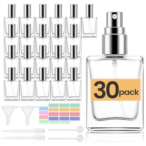 30 Pack 15 ML Glass Perfume Bottles Clear Portable Perfume Spray Bottle Empty Perfume Container Travel Refillable Mini Fine Mist Sprayer Atomizer (80 Pcs Labels, 10 Funnels, 10 Dropper, 10 Dispenser)