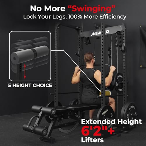 Image of Mikolo F4 2.0 Power Cage with Dual-Track Smooth Pulley System, 1200LBS Power Rack with Leg Hold-Down for Heavy LAT Pulldowns (Black, F4 2.0 Package)