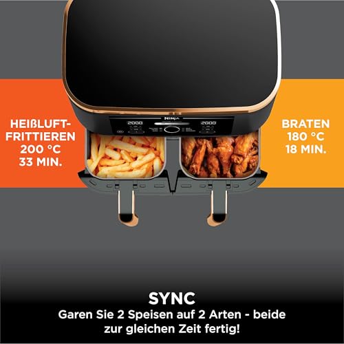 Ninja Foodi MAX Dual Zone Heißluftfritteuse, 9,5L Airfryer, 2 Fächer, mit Zange, Antihaftbeschichtung, spülmaschinenfeste Körbe, 6-in-1, Amazon Exklusiv, Kupfer/Schwarz, AF400EUCP – Bild 5