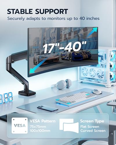Image of ARES WING Heavy Duty Single Monitor Arm - Fully Adjustable Monitor Mount for 17 inch-40 inch Ultrawide Screens up to 26.4 lbs with Clamp /Grommet Desk Mount, 75 /100 Vesa Mount, Black