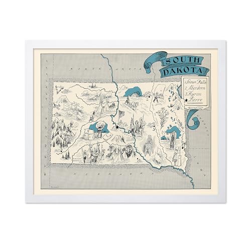 Poster Master Vintage South Dakota State Print - Retro Map Poster - Educational Art - Gift for Teacher, Student, Travel Lover - Wall Decoration for Classroom, Office, Dorm - 11x14 White Framed