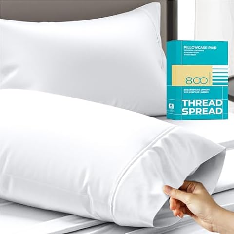 Thread Spread 800 Thread Count 100% Egyptian Cotton Queen Size Pillowcase Set of 2, Bright White, Sateen Weave Cover