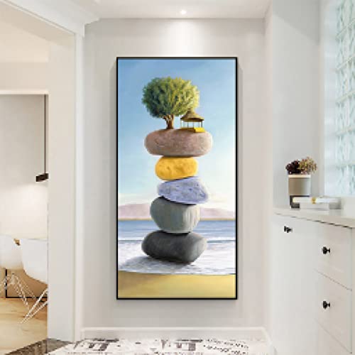 Peinture paysage Lucky Stone 80x160cm pour habiller un grand mur vide de couloir