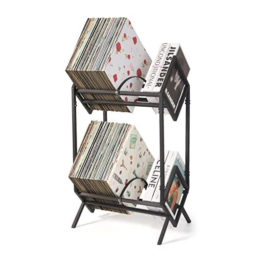 Vinyl Record Storage Holder, Holds up to 160-200 LPs, Metal Vinyl Record Organizer Stand, Simple/Functional/Easy Assembly, Classical Design for Files/Book/Magazine Record Rack (Black 2 Tier)