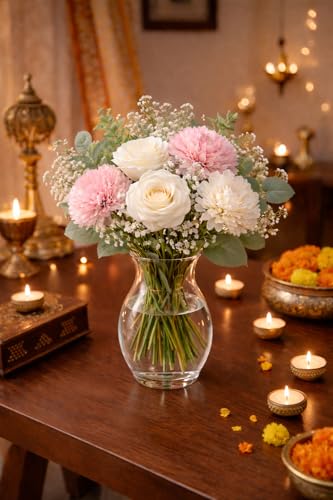 Image of Divyakosh Artificial Flowers for Home Decoration, Flora for Decor | Artificial Flowers for Vase (VASE NOT Included) Home Decor Items, Artificial Dahlia and Rose Flowers Bunch for Vase |
