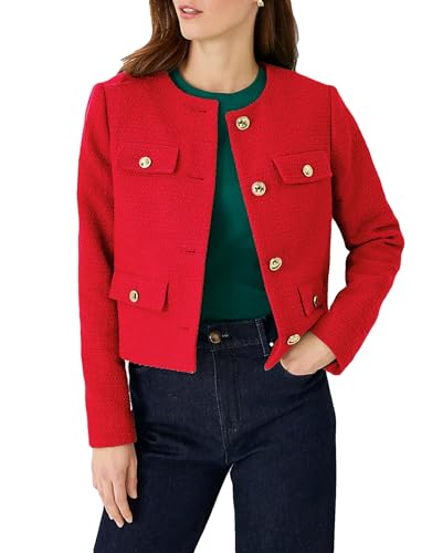 Catálogo de Chaquetas de traje y blazers para Mujer los mejores 10. 47 YEXPINE - chamarra corta de tweed para mujer, elegante, delgada, sin cuello, para negocios, casual, chaquetas de primavera, Rojo -, M