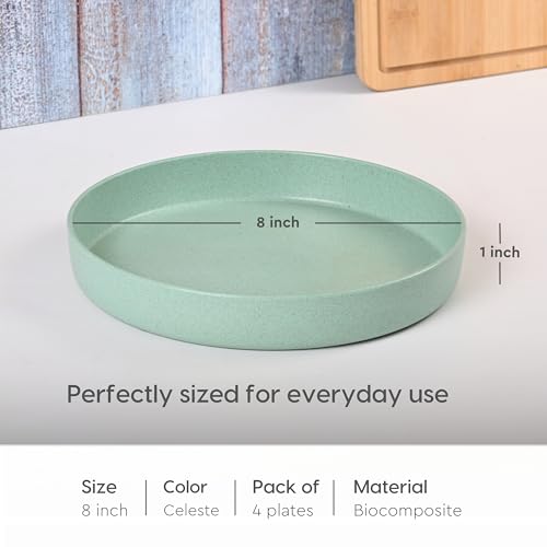 Image of Eha Earth Friendly Verde Round Plates | Set of 4 | 8 inch | Made with Rice Husk Biocomposite | Breakfast Plates | Unbreakable Dinner Plates Set | Microwave Safe | Celeste