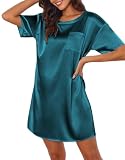 Ekouaer Silk Sleep Shirts for Women Satin Nightshirt Tshirt Nightgown Short Sleeve Sleepwear Round Neck Shirt Dress With Chest Pocket Dark Blue XL