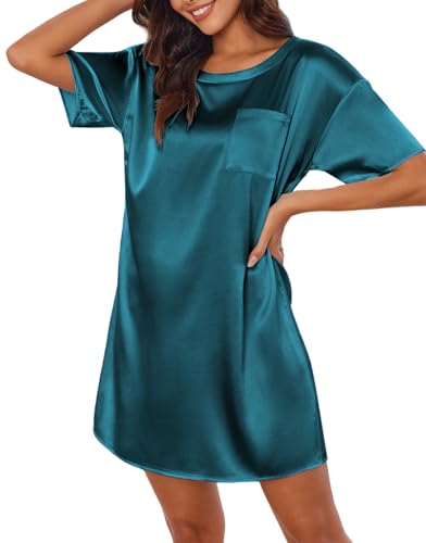 Image of Ekouaer Silk Sleep Shirts for Women Satin Nightgown Short Sleeve Round Neck Sleepwear With Chest Pocket S-2XL