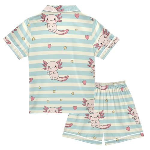 Satin Pajama Sets Short Sleeve Cute Axolotl Stripes Hearts Button Down Silky Nightwear 2 Piece PJS 5-14Y2