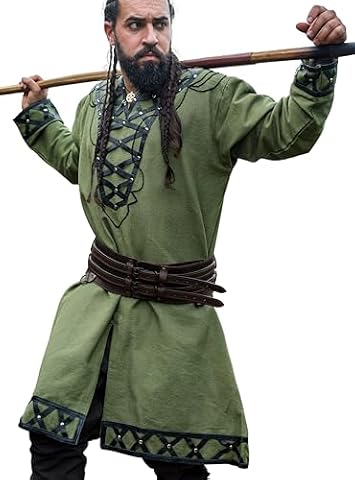 Leonardo Carbone® Wikinger Tunika Erik - średniowieczna odzież męska, koszule casualowe krótki rękaw, kostium karnawałowy, wikingowska tunika, odzież LARP - 100% bawełna z aplikacjami skórzanymi
