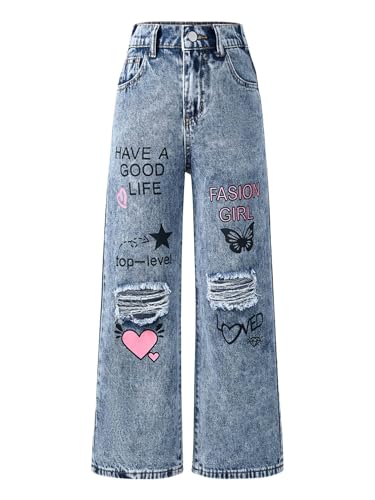 TiaoBug Kids Girls Baggy Wide Leg Ripped Jeans Letter Print Casual Denim Pants Loose Straight Fit Denim Trousers