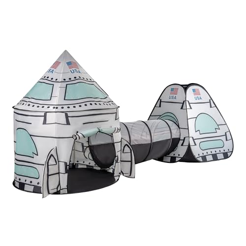 Lafyette. USA White Rocket Ship Play Tent with Tunnel, Pop Up Kids Playhouse Set, Indoor Outdoor Spaceship Tent for Boys Girls Toddlers, Imaginative Play Toy, Portable Foldable Children’s Play Set