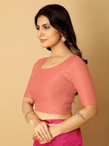 Image of Amazon Brand - Anarva Round Neck Dobby Cotton Lycra Stretchable Elbow Half Sleeve Readymade Saree Blouse for Women Stylish