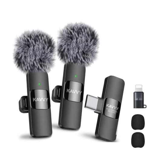 KAVVY Wireless Microphone for iPhone, Dual Mini Lavalier Mic, Clip On Wireless Mic for Video Recording, Podcast, TikTok & YouTube, Portable for Android, Camera & PC, Noise Reduction