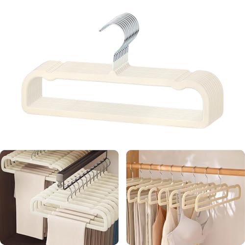 Velvet Trouser Hangers,Pant Hangers Hangers Saving Non Slip,35cm Extra Strong Trouser Clothes Hangers,Space Saving Non-Slip Pants Hanger for Suit,Dress,Scraf (Beige, 10 PCS)