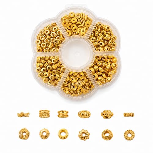 300 Pcs Gold Spacer Beads for Jewelry Making Supplies 6 Styles Gold Beads for Jewelry Making Metal Bead Spacers Flower Rondelle Flat Disc Loose Beads for Bracelets Necklaces Earrings DIY Crafts