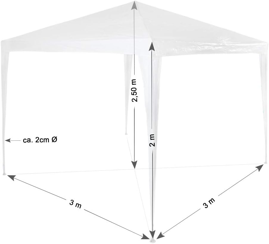Diagram illustrating the dimensions of the TecTake 800105 gazebo tent: 3 meters length, 3 meters width, and 2.5 meters height, with a pole diameter of approximately 2 cm.