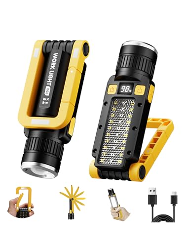 Rechargeable LED Work Light, Magnetic COB Flashlight with Hook & Clamp, 7 Modes Portable Work Lamp with Battery Display for Car Repair, Camping, Emergency