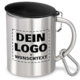 Personalisierter Edelstahl-Trinkbecher zum selbst gestalten | extra groß | 400 ml | Becher | Camping, Vereine, Fasching, Fasnetsbecher, Karneval, Vereinsbecher | Silber mit Deckel und Karabiner