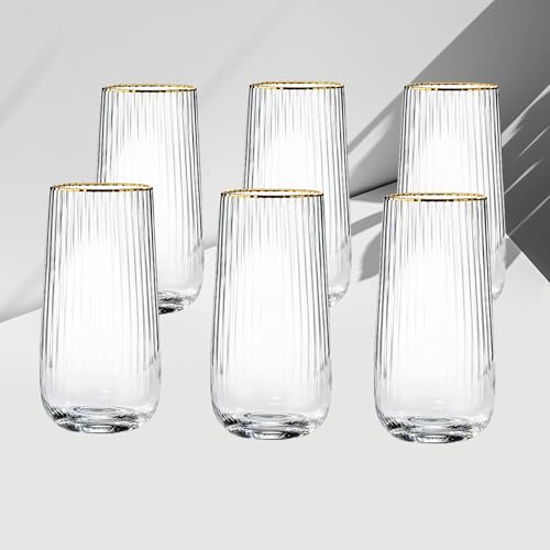 Supercap - Copas de champán sopladas a mano sin tallo con borde dorado, copas de cristal para vino y champán burbujeantes, rayas verticales, transparentes, 17 onzas (tall glasses, 6pcs)