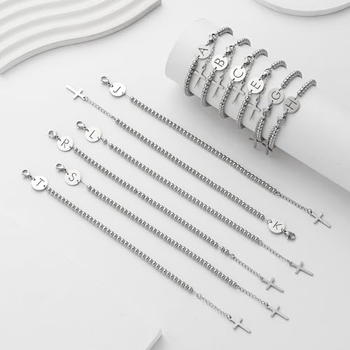 Image of Initial Cross Silvery Bracelets for Women Trendy, Initials Cross Charm Beaded Bracelet, Christian Gifts for Women, Baptism Confirmation Christmas Inspirational Gifts for Mom Daughter Friend Sister