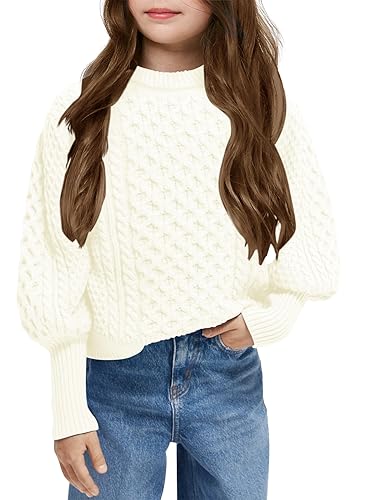 rrhss Girls Cable Knit Sweaters Kids Fall Fashion Puff Sleeve Ribbed Cuffs Crewneck Clothes 5-14 Years