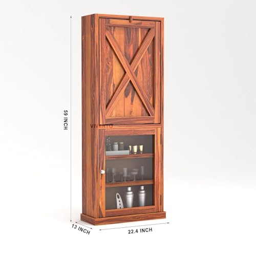 Image of SUNCOM Solid Sheesham Wooden Bar Cabinet for Home - Wooden Wine Rack for Home Bar - Foldable Modern Bar with Shelves & Glass Door Storage (Honey)