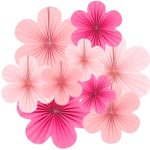 Image of Easy Joy Hot Pink Paper Flowers Decorations for Wall Pink Paper Fans Classroom Decoration Paper Floral Backdrop Decor Paper Fans Decoration Hanging Paper Fans Pink Flower Wall Decor, Set of 9