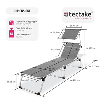 tectake® Sdraio da Spiaggia, Schienale Regolabile in 6 Posizioni, Parasole, Lettino Pieghevole e Trasportabile, Sdraio da giardino, Lettino Prendisole, Pratiche Maniglie (Grigio-Mélange)
