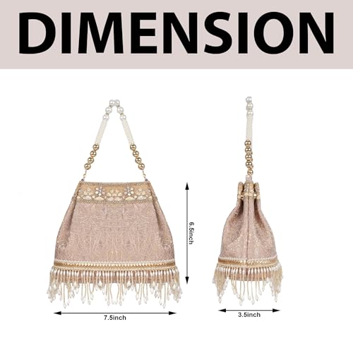 Image of Nevis PU Silk Fabric Women's Embellished Potli Bag with Pearl Handle & Fringe Detailing | Designe Wedding & Festive Handbag