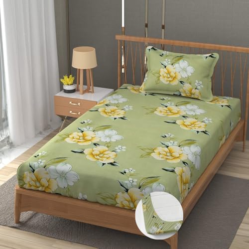Image of Premium Heavy Cotton Elastic Fitted Bedsheets with 1 King Size Pillow Covers | Single Bed with All Around Elastic 350 TC | 36 x 78 x 6 Inch Single Size Fitted | - Light Green