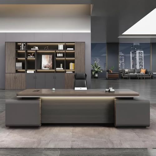 Image of Luxury Modern Executive Director Table with Fluted Front Panel, Integrated Side Storage, Cable Management Extra-Wide Premium Work Surface (LDL-769 MDFL L6W3)