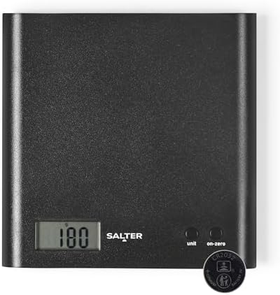 Salter Arc Kitchen Scale – Digital Food Weighing Scales For Precise Cooking/Baking, Slim Platform for Compact Storage, Add & Weigh/Tare Function, 3kg Capacity, Battery Included, Black