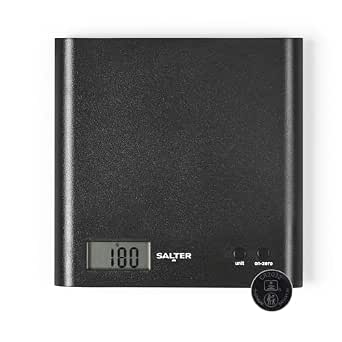Salter Arc Kitchen Scale – Digital Food Weighing Scales For Precise Cooking/Baking, Slim Platform for Compact Storage, Add & Weigh/Tare Function, 3kg Capacity, Battery Included, Black
