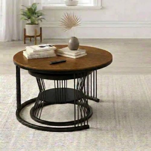 Image of NEST NATURE HAVEN Wrought Iron Frame 19.5 inch x 19.5 inch Round Coffee Table: Set of,2 Piece MDF Top Industrial Design Stacking Nesting Table - for Living Room,or Lounge Home Decor Furniture (Black & Brown)