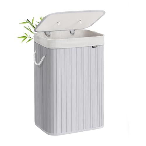 SONGMICS Cesto de la Ropa Sucia con Tapa, 72 L, Cesta de Lavandería de Bambú, Plegable, con Bolsa Lavable Extraíble, Asas, para Lavandería, Dormitorio, Gris LCB010G01