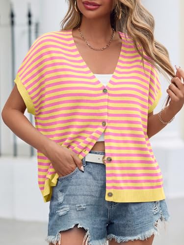 Image of Saodimallsu Womens Summer Oversized Cardigans Batwing Short Sleeve Lightweight Button V Neck Casual Knit Sweater Tops