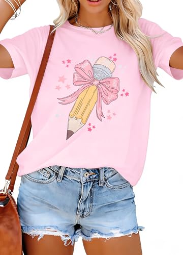 Teacher Shirts Women Bow Pencil Graphic Tee Back to School Teaching Life Shirt Teacher Appreciation Gifts Tops Pink