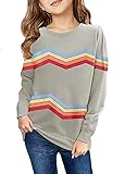 Haloumoning Girls Striped Color Block Sweatshirts Kids Tie Dye Crewneck Long Sleeve Pullover Tops 4-15 Years B-grey