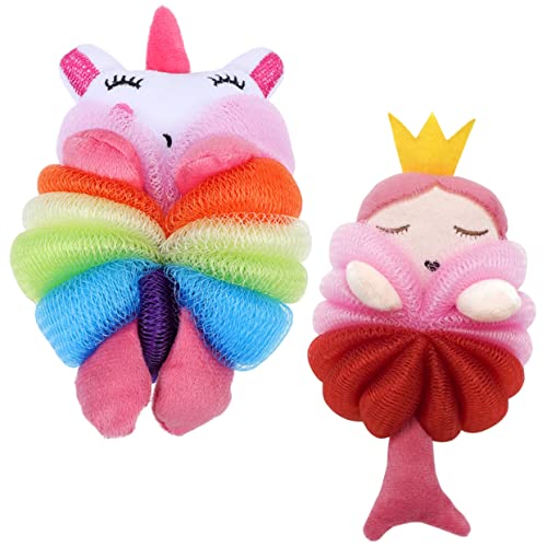 PATKAW 2個漫画デザインバスボール バススポンジ メッシュシャワーヘチマ 男の子女の子用ボディウォッシュスポンジ 家用バス用品 吊り下げ収納可能