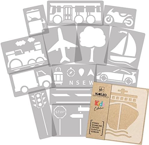 NAKLEO 14 pcs Reusable Plastic Stencils - Transport Car Plane - 13.4" to 3.5" - Pattern Children Kids Painting Template Room Decor - Craft DIY Wall Furniture