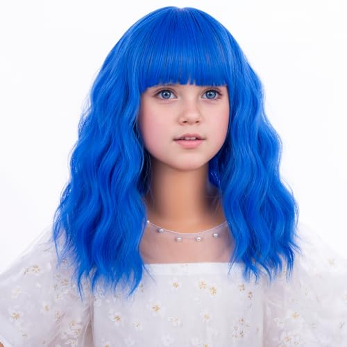 Image of PATTNIUM Kids Blue Wig Short Blue Wig with Bangs for Girls Children Mixed Blue Wigs Cosplay Party Synthetic Wigs(Mixed Blue)