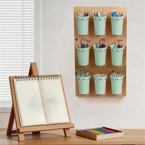 Image of Pegboard Cups With Loops, 9 Pack Matcha Green Peg Board Holder Organizer | 1 /8 inch 1 /4 inch Pegboard Accessories, Plastic Hanging Organizer Cups, Tool Organizer Set for Garage Craft Workshop Hobby Storage